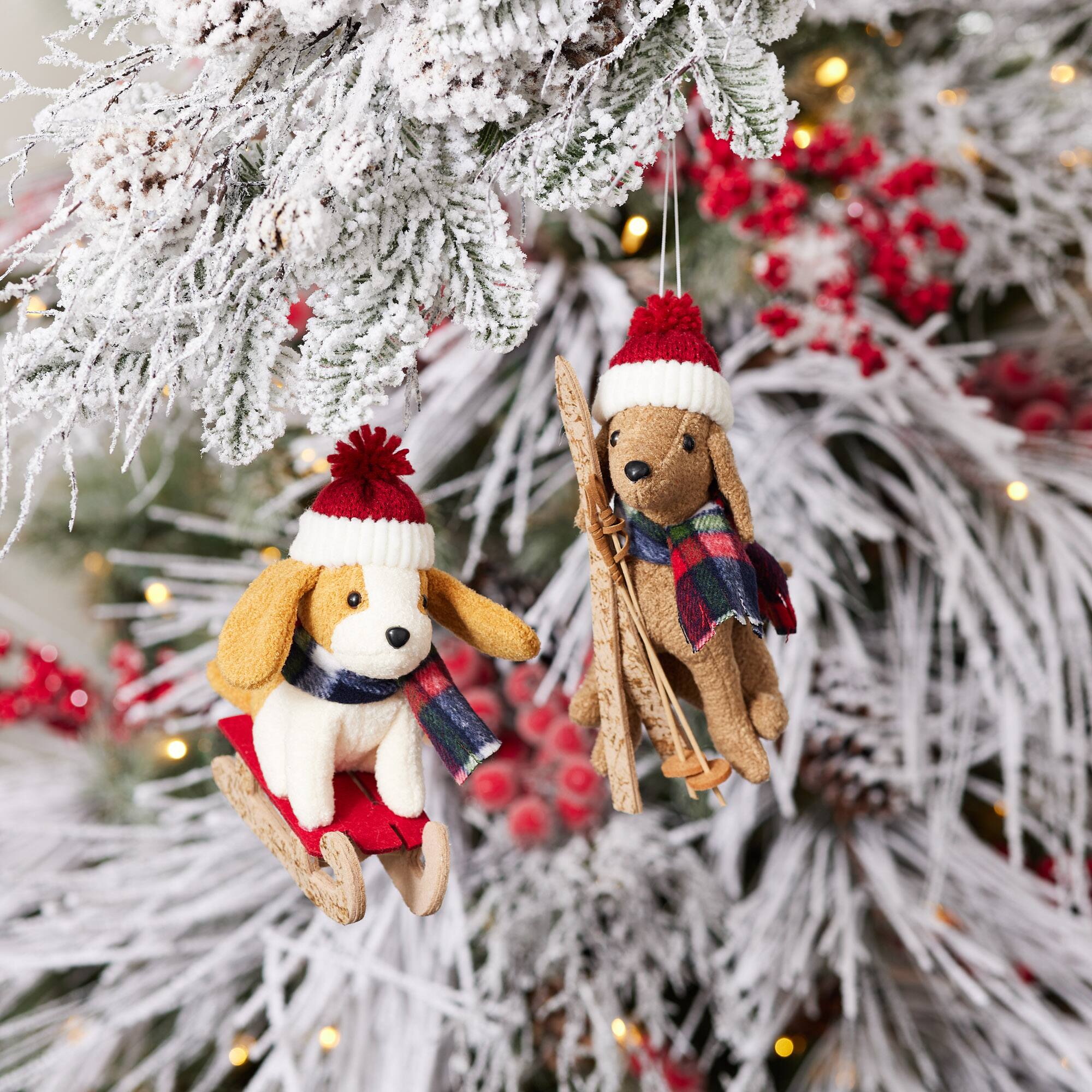 Plush Ski & Sled Dog Christmas Ornaments Set, 3ct.